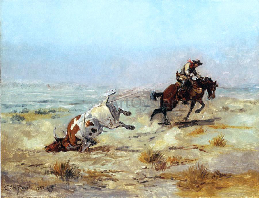 Charles Marion Russell Lassoing a Steer - Hand Painted Oil Painting