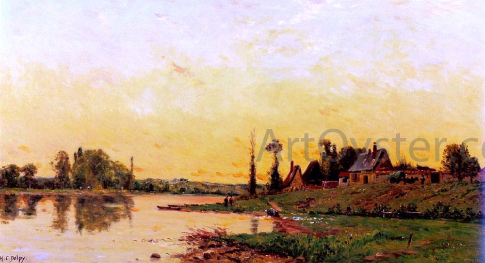 Hippolyte Camille Delpy Lavandiere Pres D'Un Groupe De Maisons - Hand Painted Oil Painting