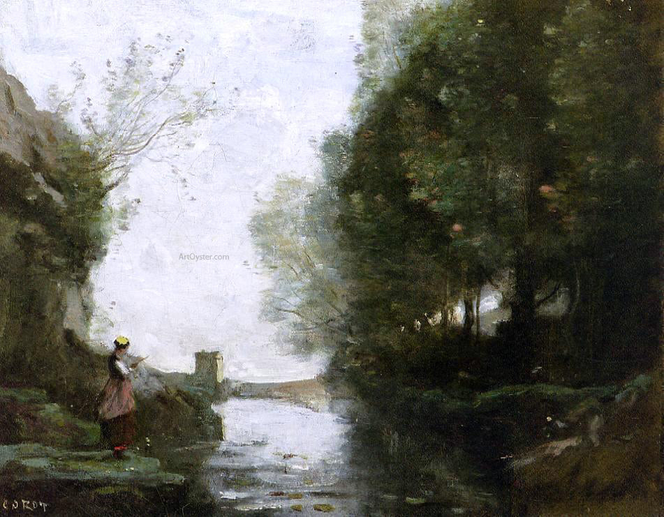 Jean-Baptiste-Camille Corot Le cours d'eau a la tour carree - Hand Painted Oil Painting