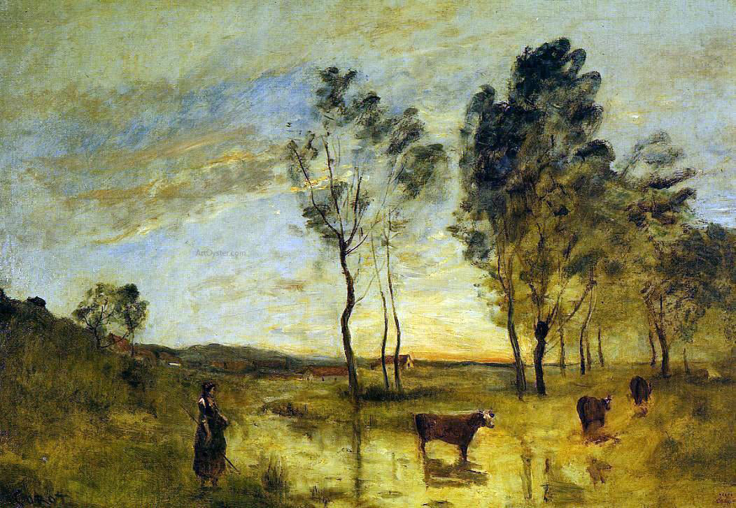 Jean-Baptiste-Camille Corot Le Gue (also known as Cows on the Banks of the Gue) - Hand Painted Oil Painting