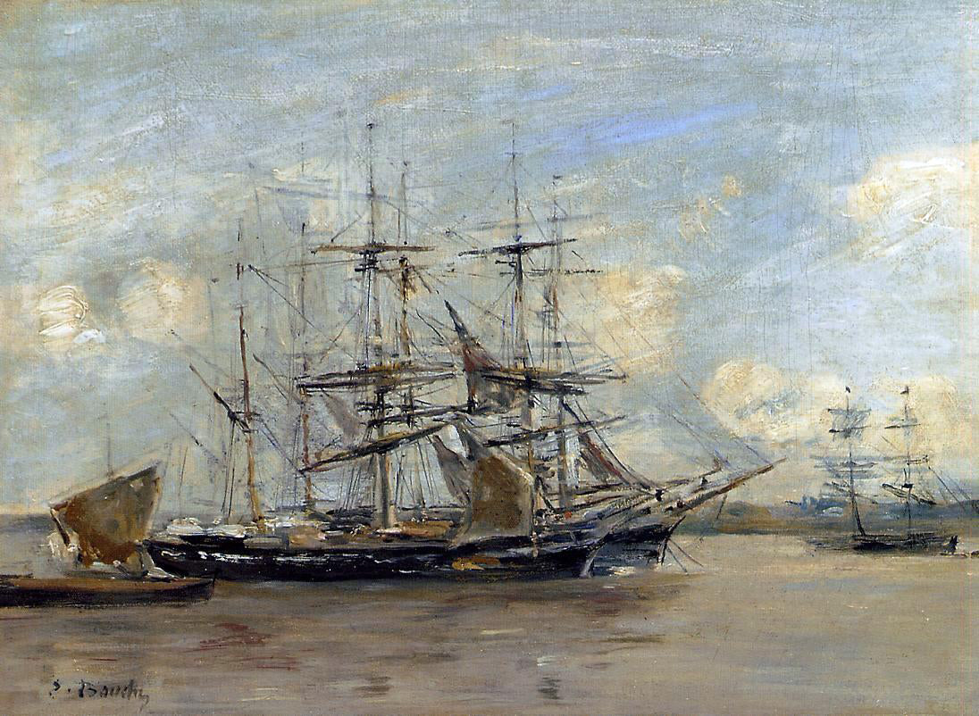 Eugene-Louis Boudin Le Havre, Three Master at Anchor in the Harbor - Hand Painted Oil Painting