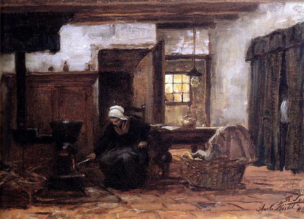 Philip Lodewijk Jacob Frederik Sadee Lighting The Stove - Hand Painted Oil Painting