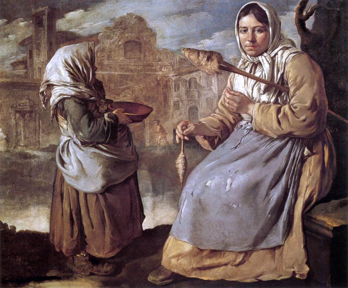 Giacomo Ceruti Little Beggar Girl and Woman Spinning - Hand Painted Oil Painting