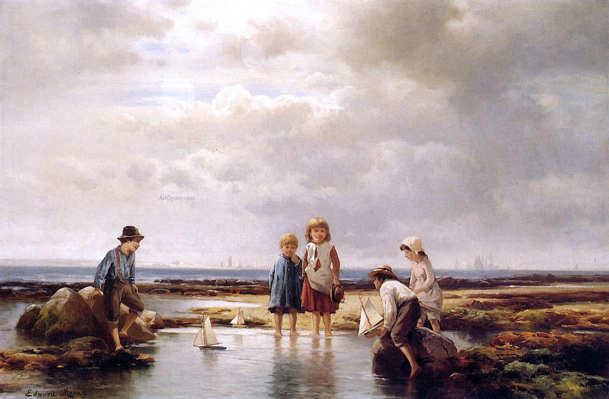 Edward Moran Little Sailors, Rockaway Beach - Hand Painted Oil Painting