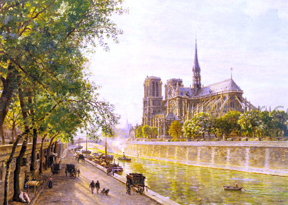 Marie-Francois Firmin-Girard L'lle de la Cite and the Cathedral of Notre Dame, Paris as seen from Quai Montebello - Hand Painted Oil Painting
