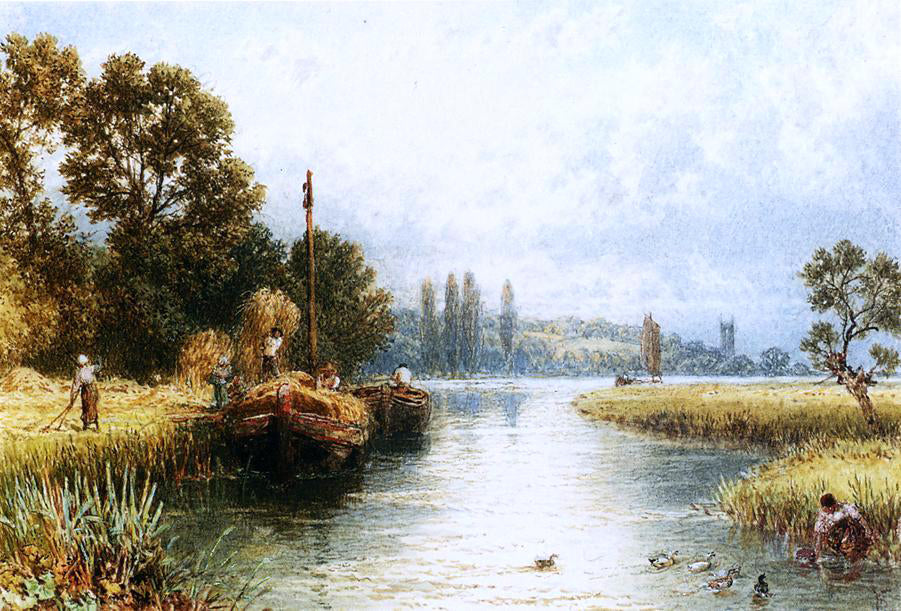 Myles Birket Foster Loading the Hay Barges, with a Young Woman Taking Water from the River in the Foreground - Hand Painted Oil Painting
