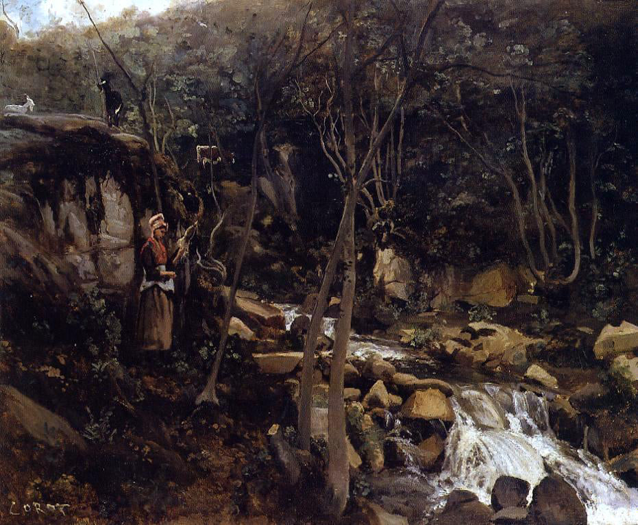 Jean-Baptiste-Camille Corot Lormes - A Waterfall with a Standing Peasant, Spinning Wool - Hand Painted Oil Painting