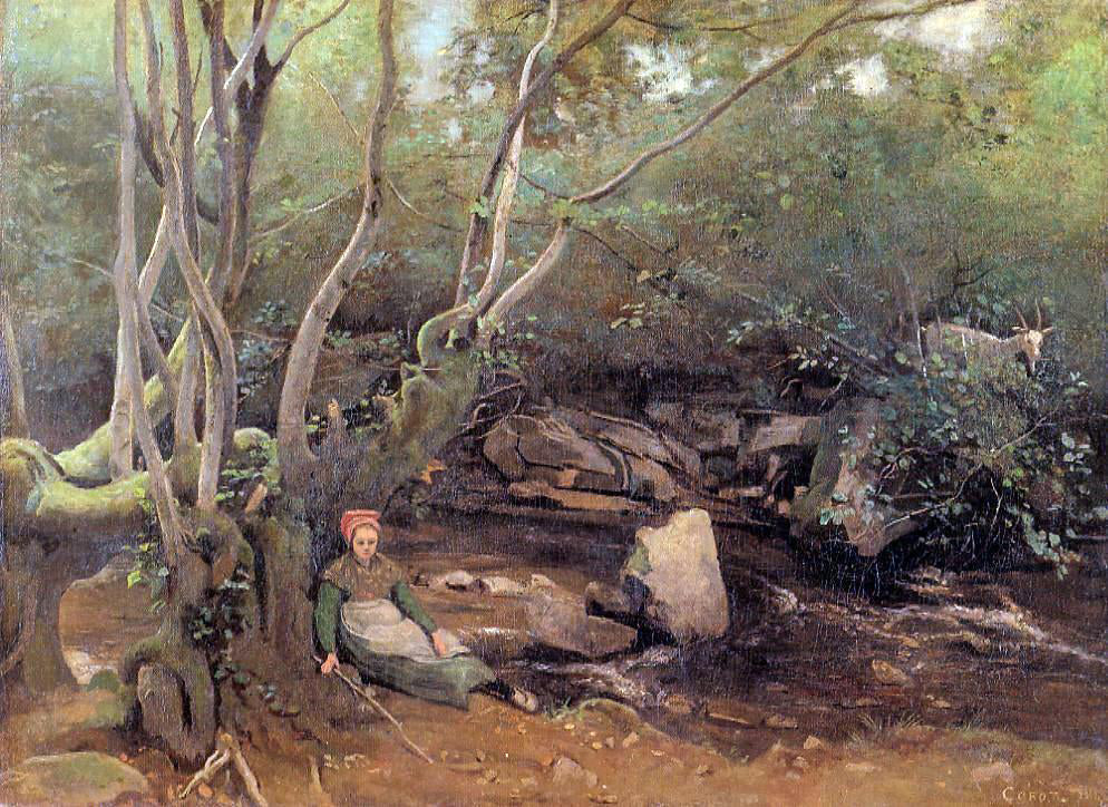 Jean-Baptiste-Camille Corot Lormes - Shepherdess Sitting Under Trees Beside a Stream - Hand Painted Oil Painting