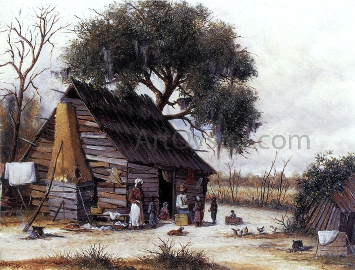 William Aiken Walker Louisiana Cabin Scene with Stretched Hide on Weatherboard and Stock Chimney Covered with Clay - Hand Painted Oil Painting