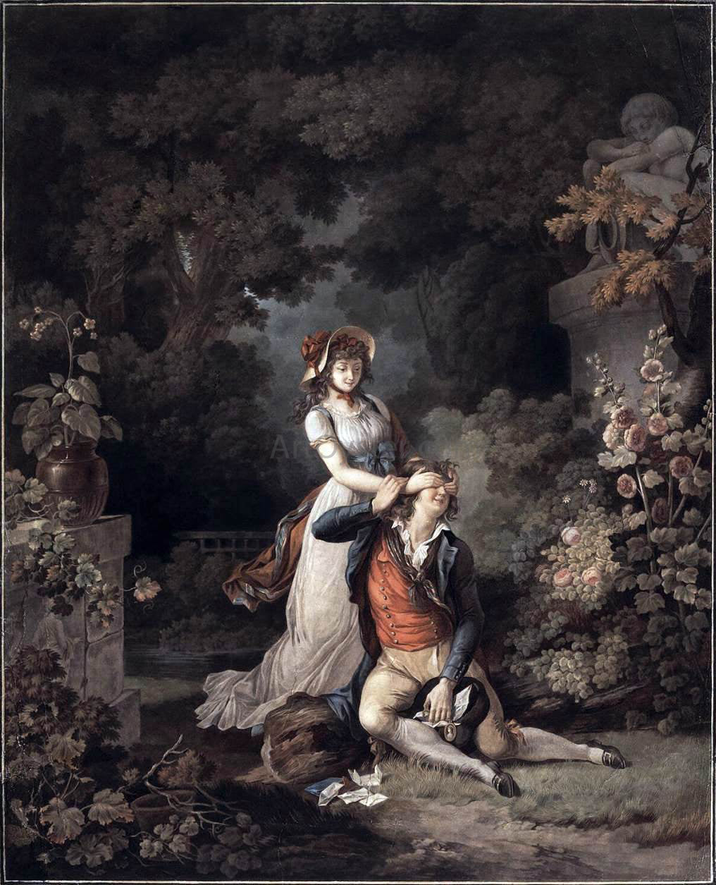 Charles-Melchior Descourtis Lover Surprised - Hand Painted Oil Painting
