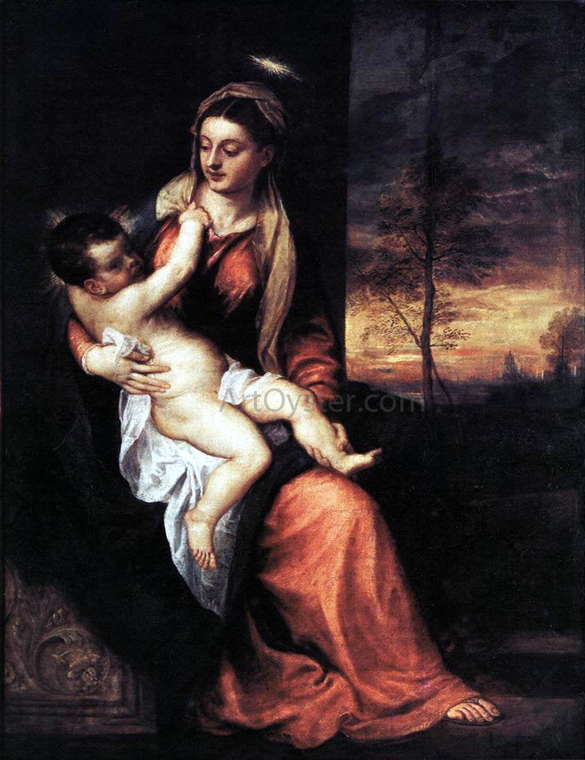 Titian Madonna and Child in an Evening Landscape - Hand Painted Oil Painting