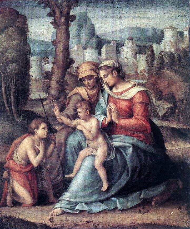 II Francesco Ubertini Bacchiacca Madonna with Child, St Elisabeth and the Infant St John the Baptist - Hand Painted Oil Painting