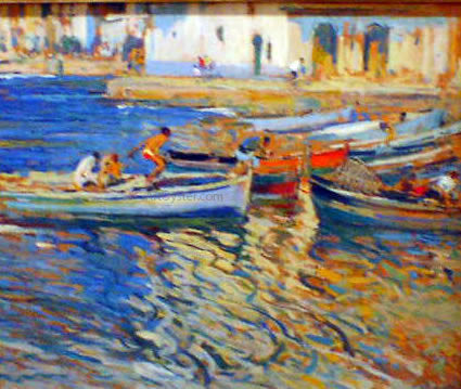 Eliseo Meifren I Roig Marina Con Pescadores - Hand Painted Oil Painting
