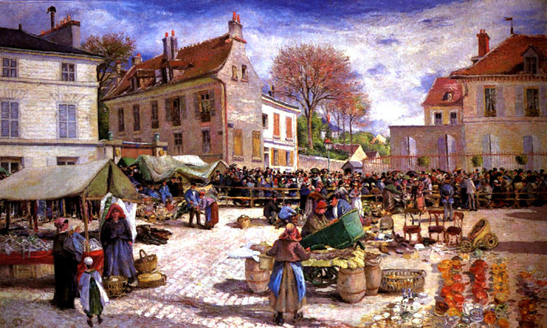 Ludovic Piette Market Place at Pontoise - Hand Painted Oil Painting