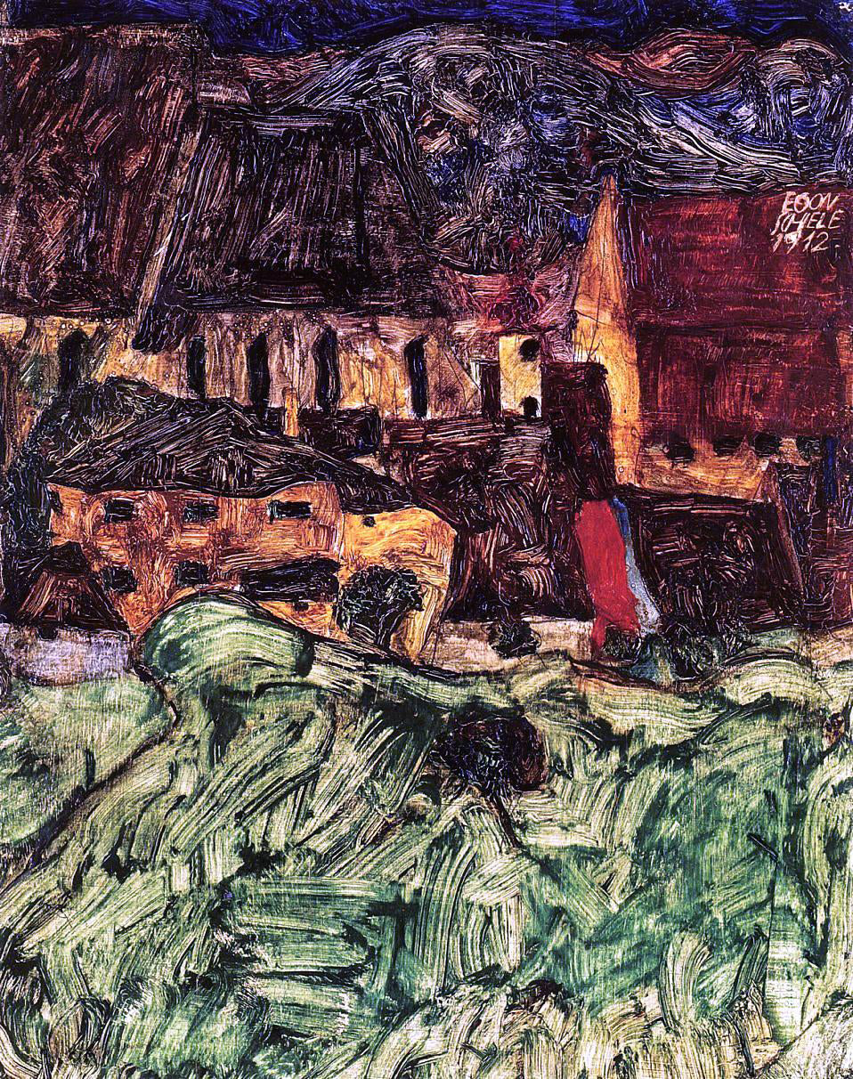 Egon Schiele Meadow, Church and Houses - Hand Painted Oil Painting