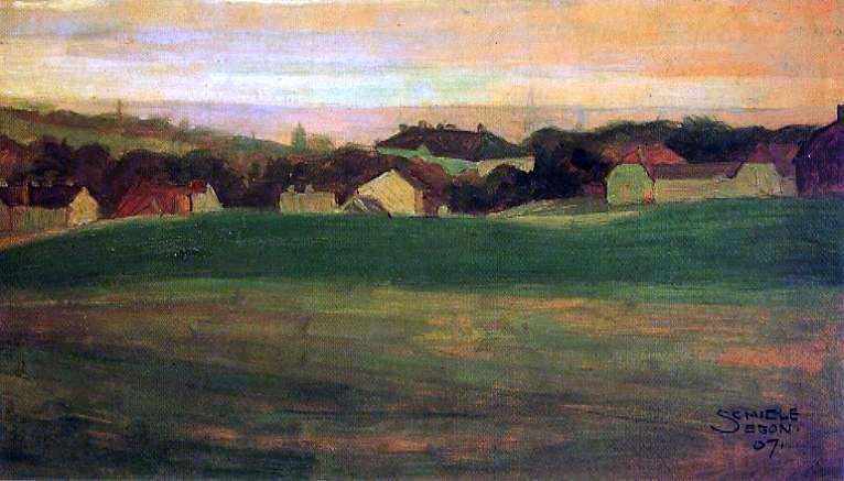 Egon Schiele Meadow with Village in Background II - Hand Painted Oil Painting