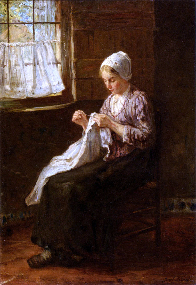 Jozef Israels Mending By A Window - Hand Painted Oil Painting