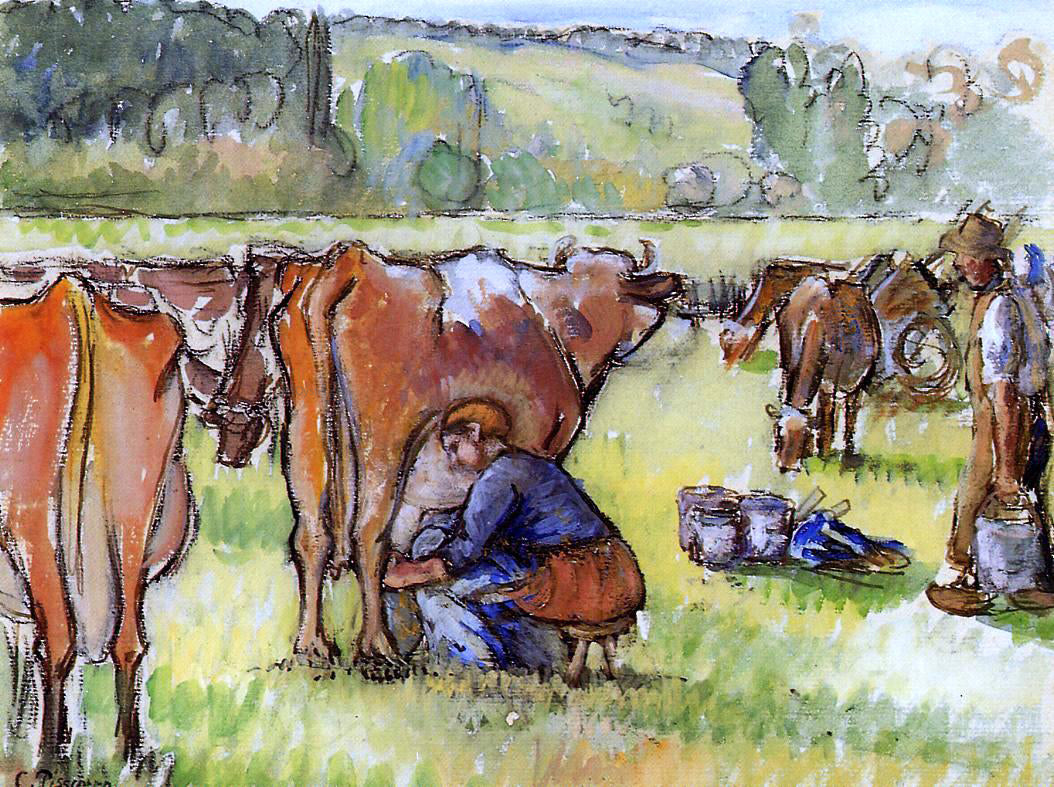 Camille Pissarro Milking Cows - Hand Painted Oil Painting
