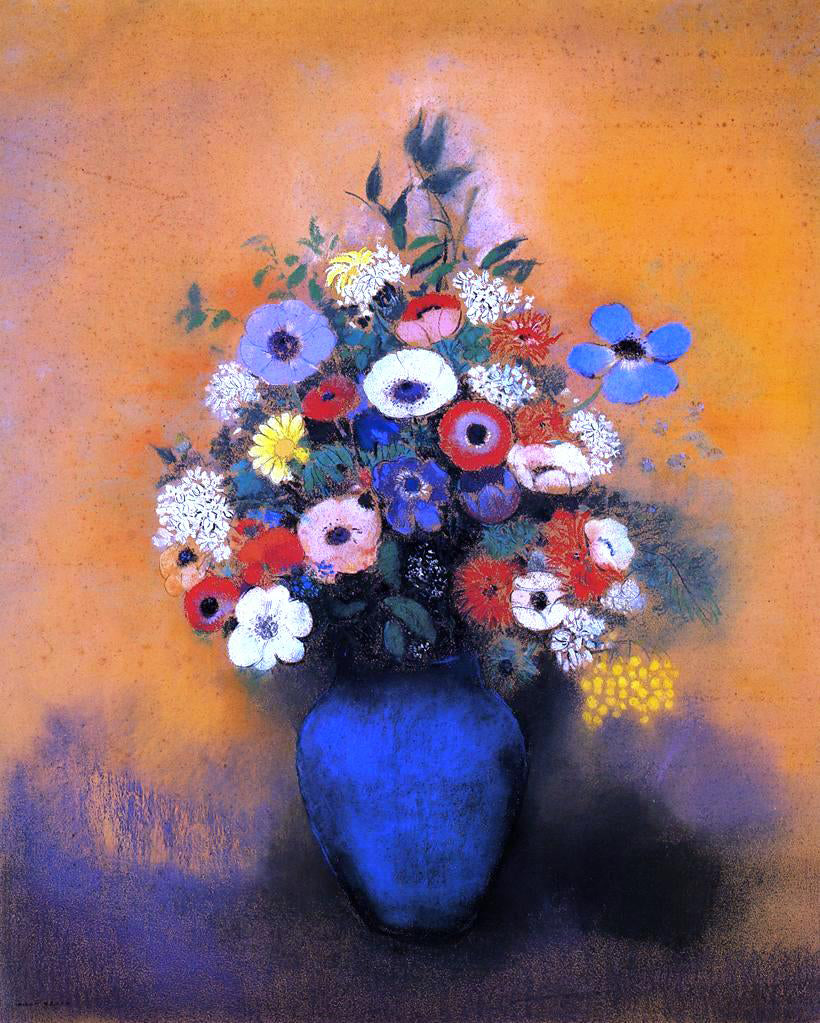 Odilon Redon Minosas, Anemonies and Leaves in a Blue Vase - Hand Painted Oil Painting