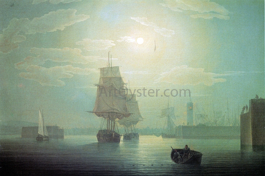 Robert Salmon Moonlight over Whitehaven Harbor, England - Hand Painted Oil Painting