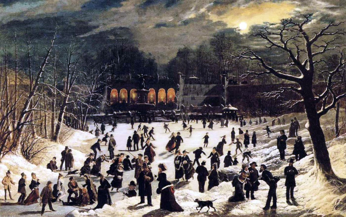 John OBrien Inman Moonlight Skating, Central Park, the Terrace and Lake - Hand Painted Oil Painting