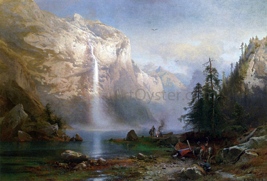Herman Herzog Mountain Lake Camp - Hand Painted Oil Painting