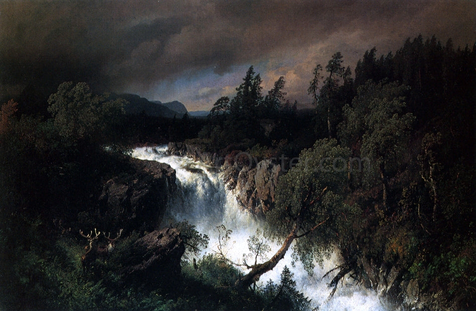 Herman Herzog Mountain Landscape and Waterfall - Hand Painted Oil Painting