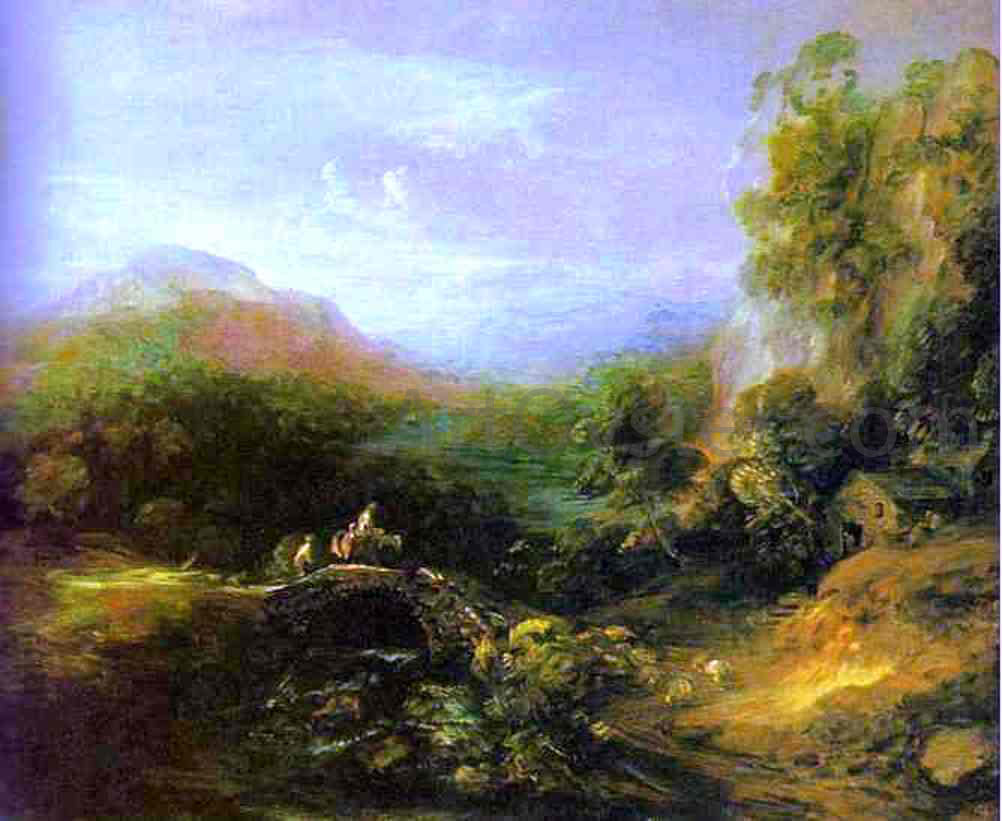 Thomas Gainsborough Mountain Landscape with Peasants Crossing a Bridge - Hand Painted Oil Painting