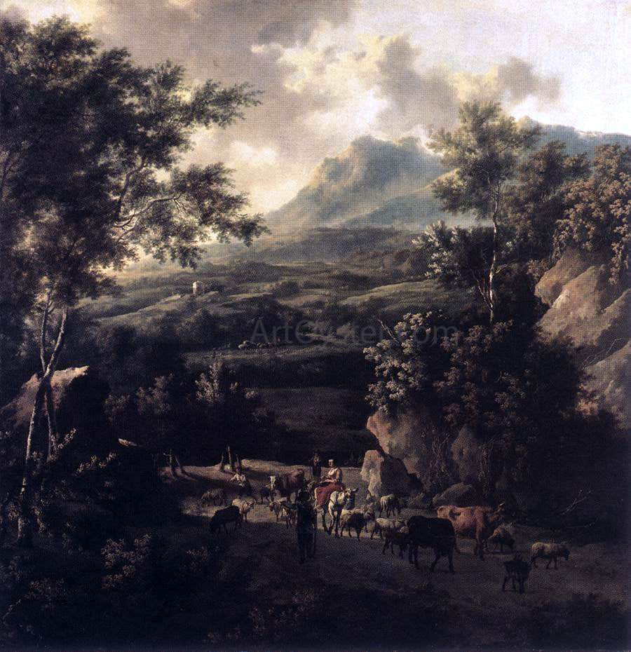 Frederick De Moucheron Mountain Scene with Herd of Cattle - Hand Painted Oil Painting