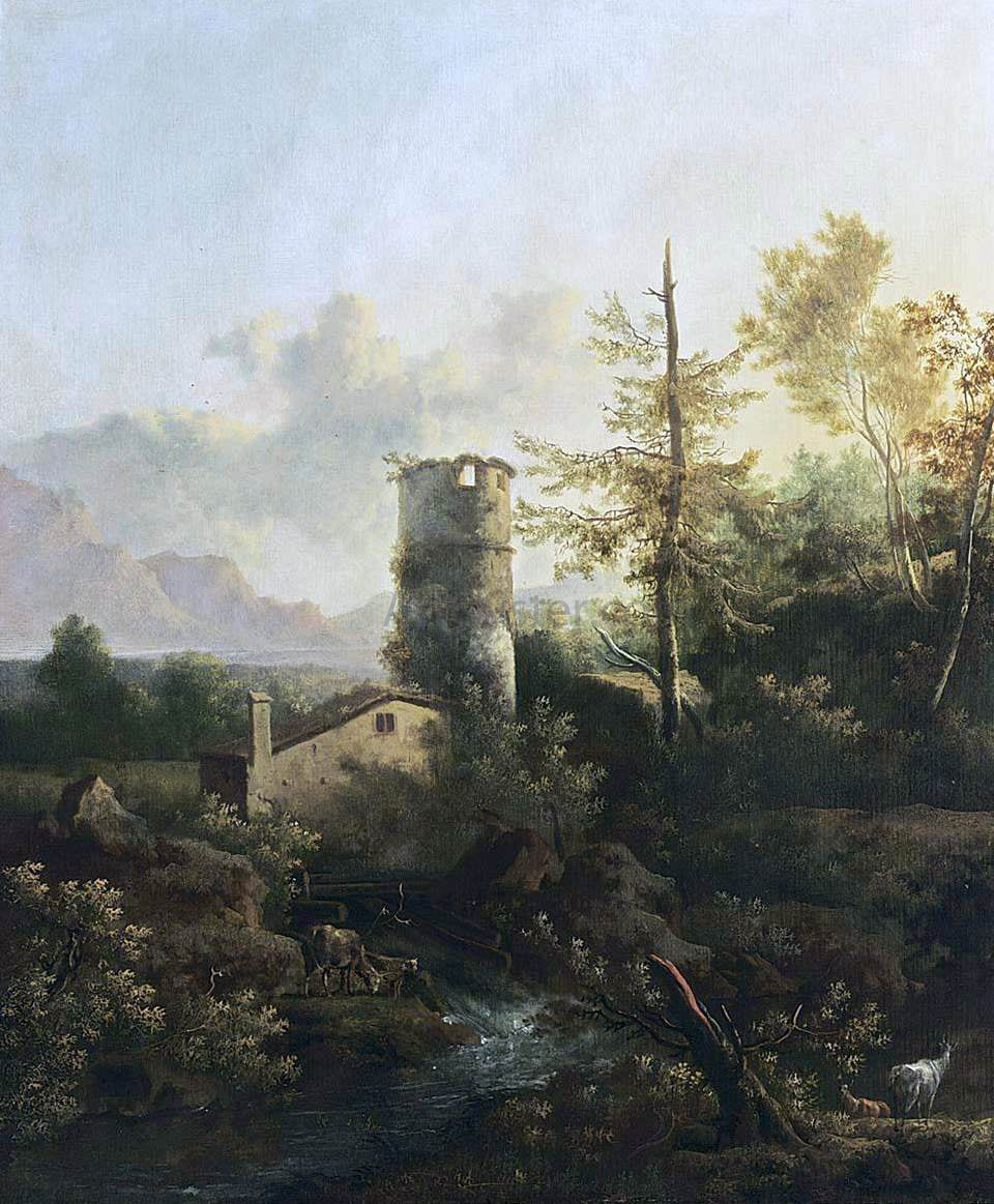 Frederick De Moucheron Mountainous Wooded River Landscape - Hand Painted Oil Painting