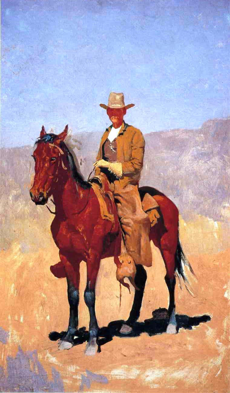 Frederic Remington Mounted Cowboy in Chaps with Race Horse - Hand Painted Oil Painting