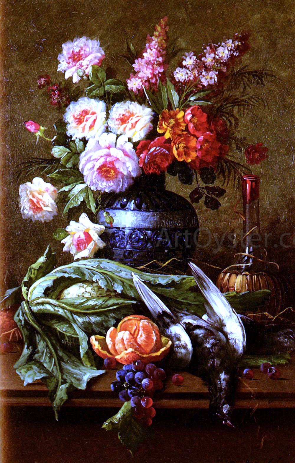 Modeste Carlier Nature Morte Aux Fleurs Et A L'Orange - Hand Painted Oil Painting