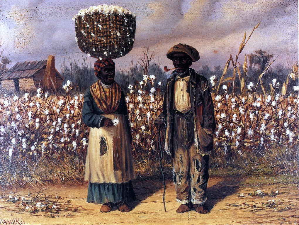 William Aiken Walker Negro Man and Woman in Cotton Field with Baskets of Cotton - Hand Painted Oil Painting