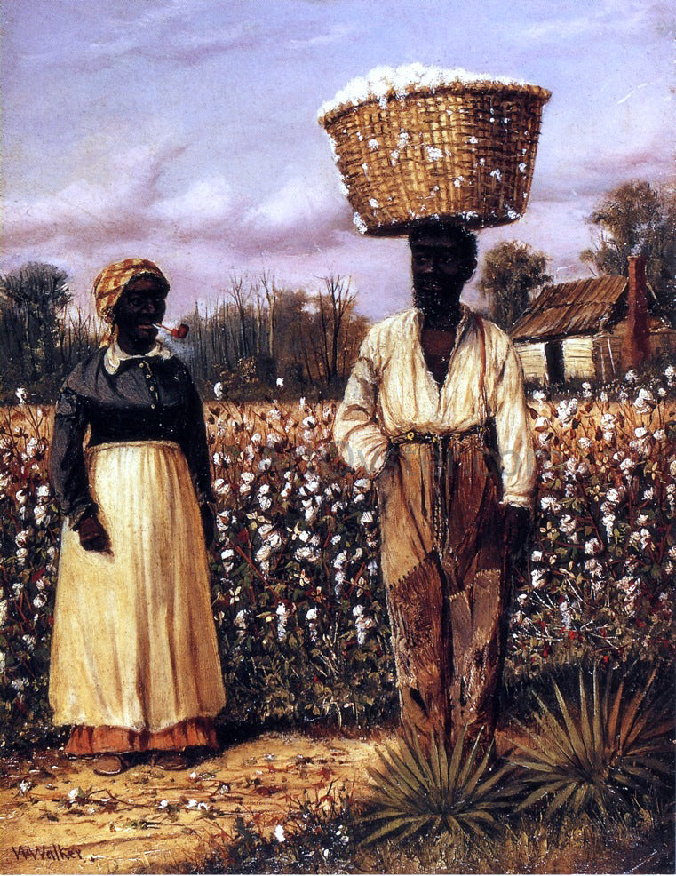 William Aiken Walker Negro Man and Woman in Cotton Field with Cotton Baskets - Hand Painted Oil Painting