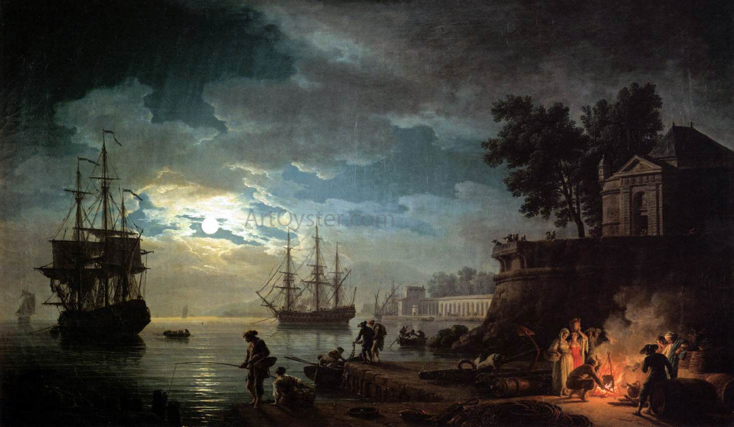 Claude-Joseph Vernet Night: Seaport by Moonlight - Hand Painted Oil Painting