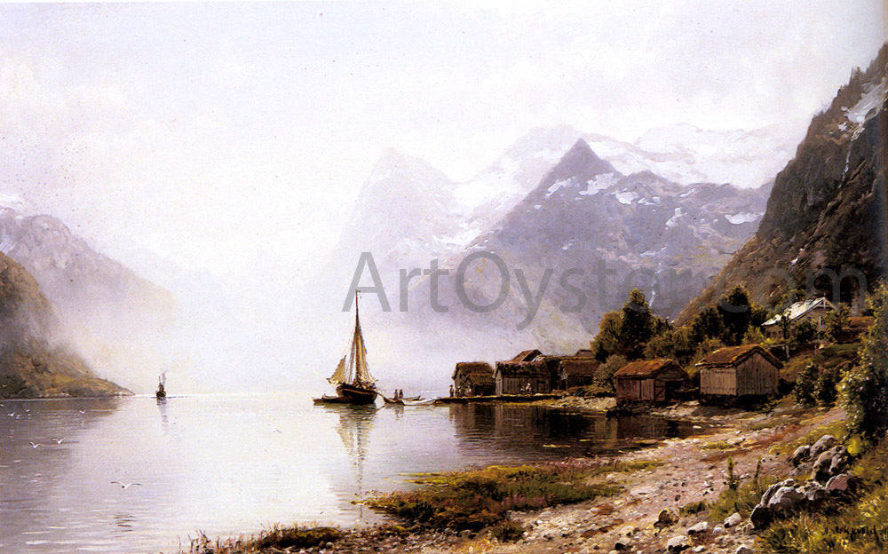 Anders Monsen Askevold Norwegian Fjord with Snow Capped Mountains - Hand Painted Oil Painting