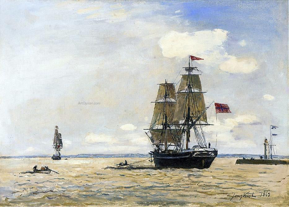 Johan Barthold Jongkind Norwegian Naval Ship Leaving the Port of Honfleur - Hand Painted Oil Painting