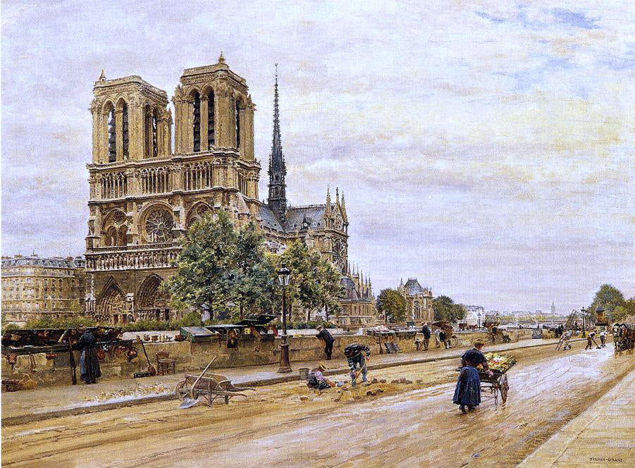 Marie-Francois Firmin-Girard Notre dame de Paris and the Flower Market - Hand Painted Oil Painting