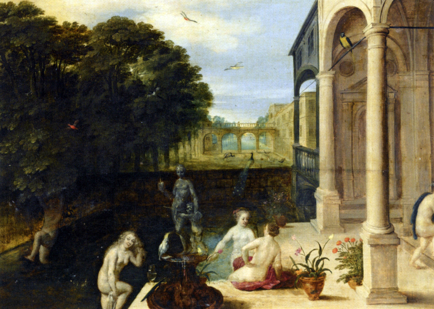 Adriaan Van Stalbemt Nymphs Bathing in a Classical Garden Setting - Hand Painted Oil Painting