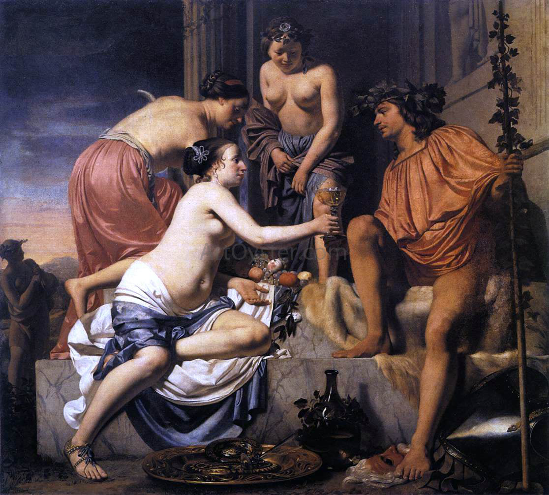Caesar Van Everdingen Nymphs Offering the Young Bacchus Wine, Fruit and Flowers - Hand Painted Oil Painting