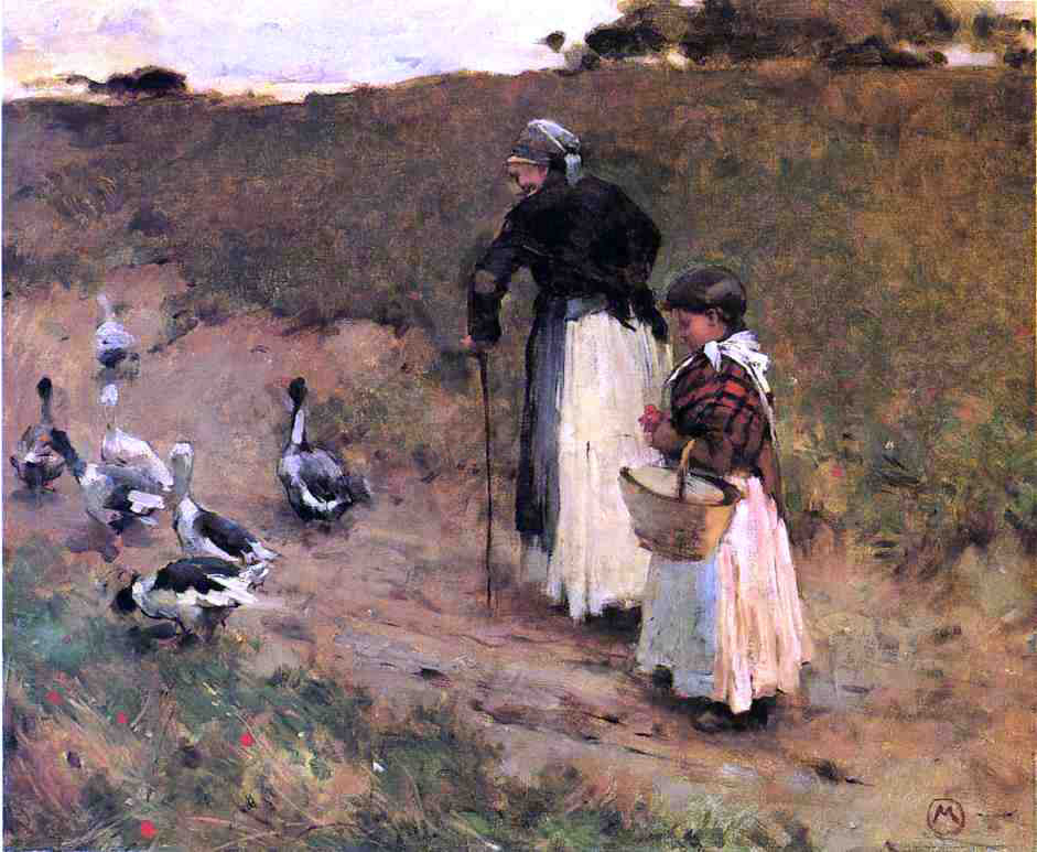 Willard Leroy Metcalf Old Woman with Child and Goose - Hand Painted Oil Painting