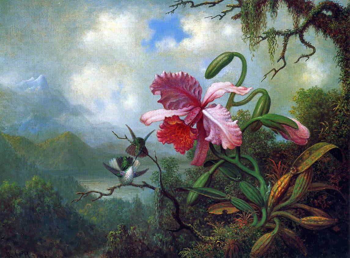Martin Johnson Heade Orchid and Hummingbirds near a Mountain Lake - Hand Painted Oil Painting