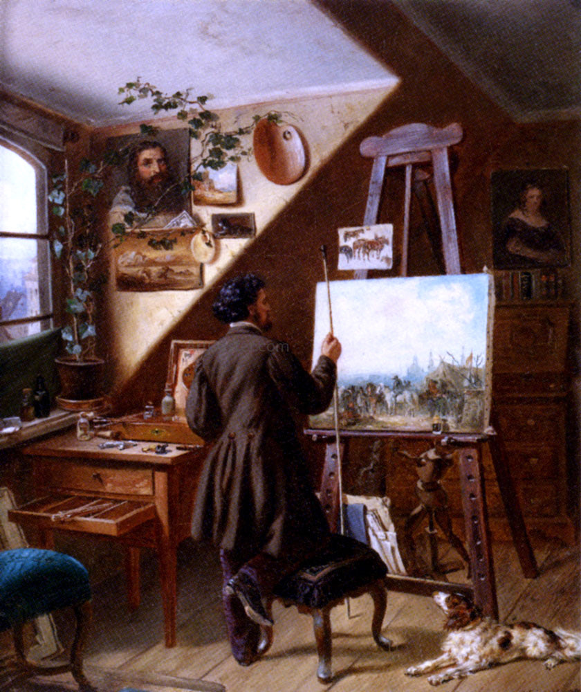 Gustav Adolf Friedrich Painting Horses In The Studio, A Self Portrait - Hand Painted Oil Painting