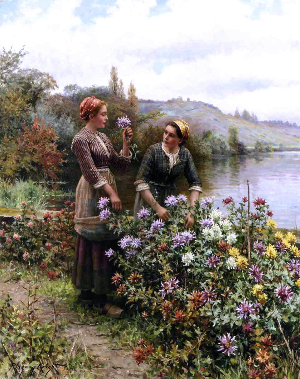 Daniel Ridgway Knight Peasant Girls in Flower Garden - Hand Painted Oil Painting