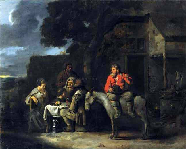 Sebastien Bourdon Peasants Outside An Inn - Hand Painted Oil Painting