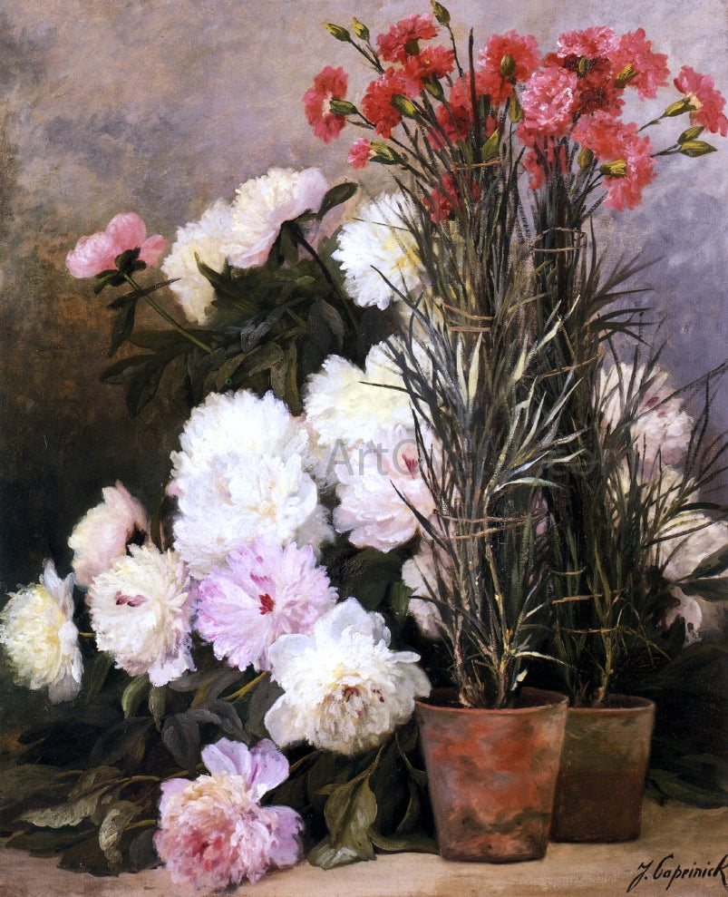 Jean Capeinick Peonies and Red Carnations - Hand Painted Oil Painting