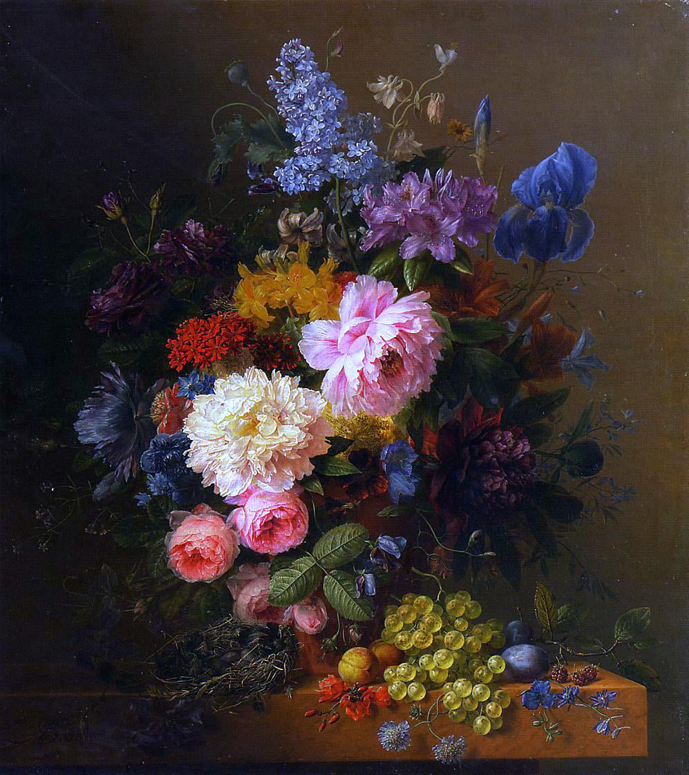 Arnoldus Bloemers Peonies, Roses, Irises, Lilies, Lilac and Other Flowers in a Vase on a Ledge Laden with Fruit - Hand Painted Oil Painting