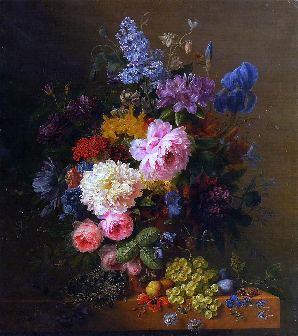 Arnoldus Bloemers Peonies, Roses, Irises, Lilies, Lilac and Other Flowers in a Vase on a Ledge Laden with Fruit - Hand Painted Oil Painting