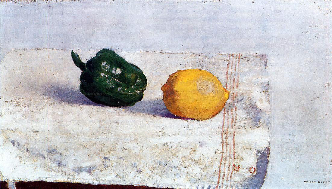  Odilon Redon Pepper and Lemon on a White Tablecloth - Hand Painted Oil Painting