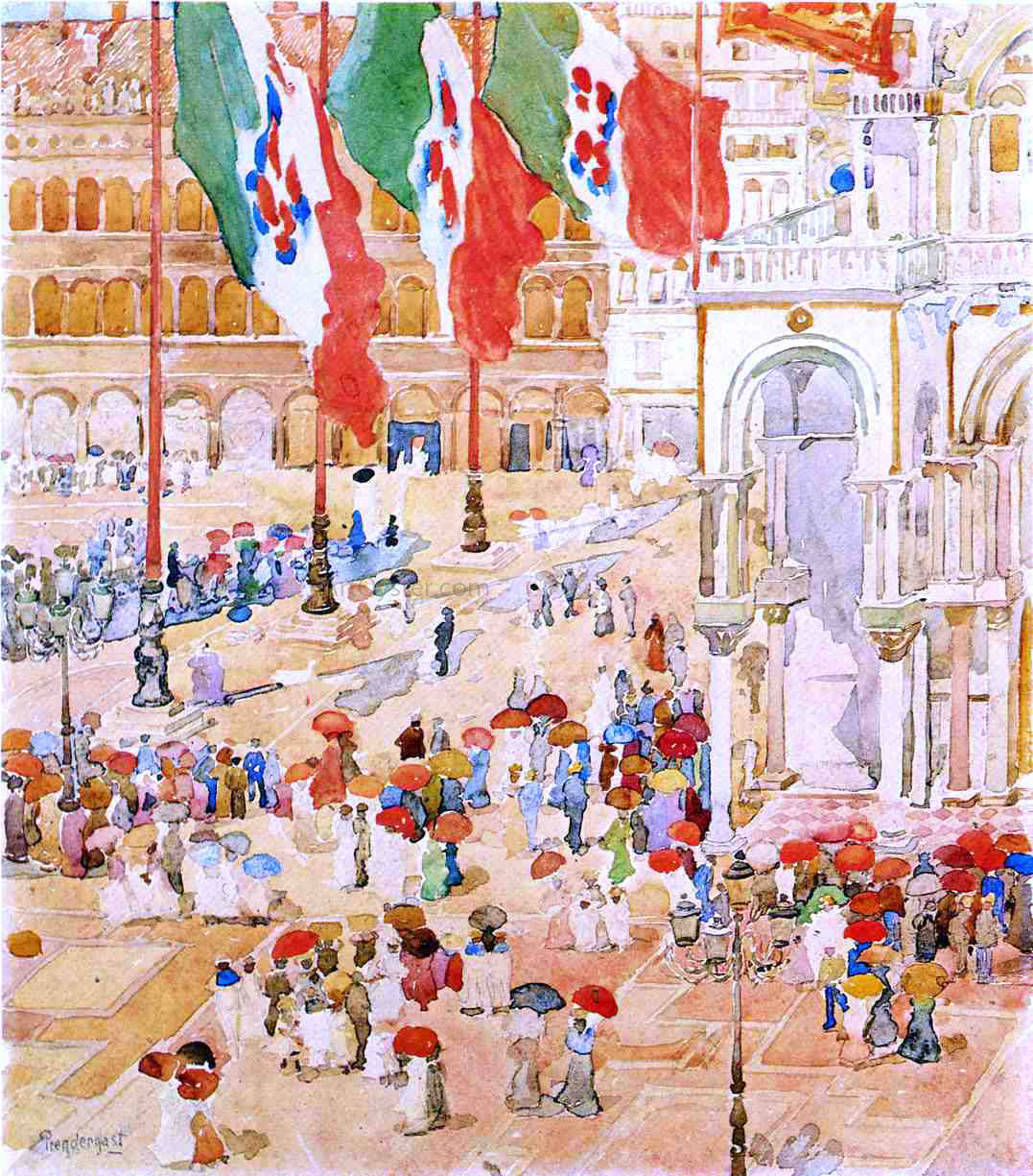 Maurice Prendergast Piazza of St. Marks (also known as The Piazza, Flags, Venice) - Hand Painted Oil Painting